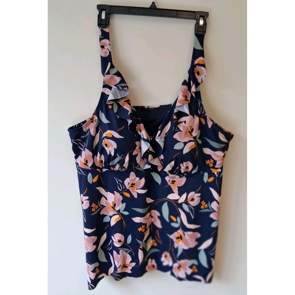 EVRI Tankini Swim Top Women's Plus 4X Navy Blue Floral Flare Ruffle Adjustable